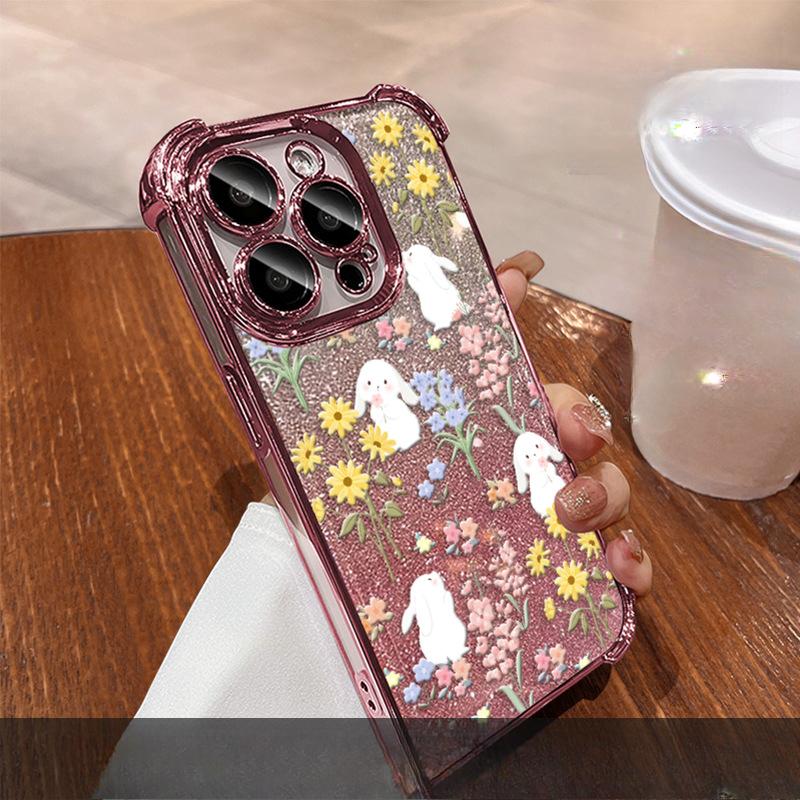 Cute Rabbit Flowers and Plants Suitable for Iphone16e Apple 15promax Mobile Phone Case 14 Electroplating Anti-fall 13 Silicone X