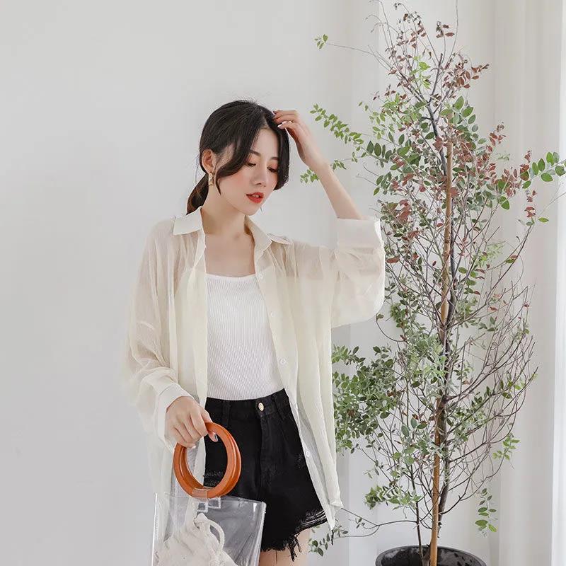 Sunscreen Chiffon Shirt Female Summer Coat Korean Version  Thin Section  Blouse Loose Air-conditioned Shirt Tide Womens Tops White Polo Collar Shirt