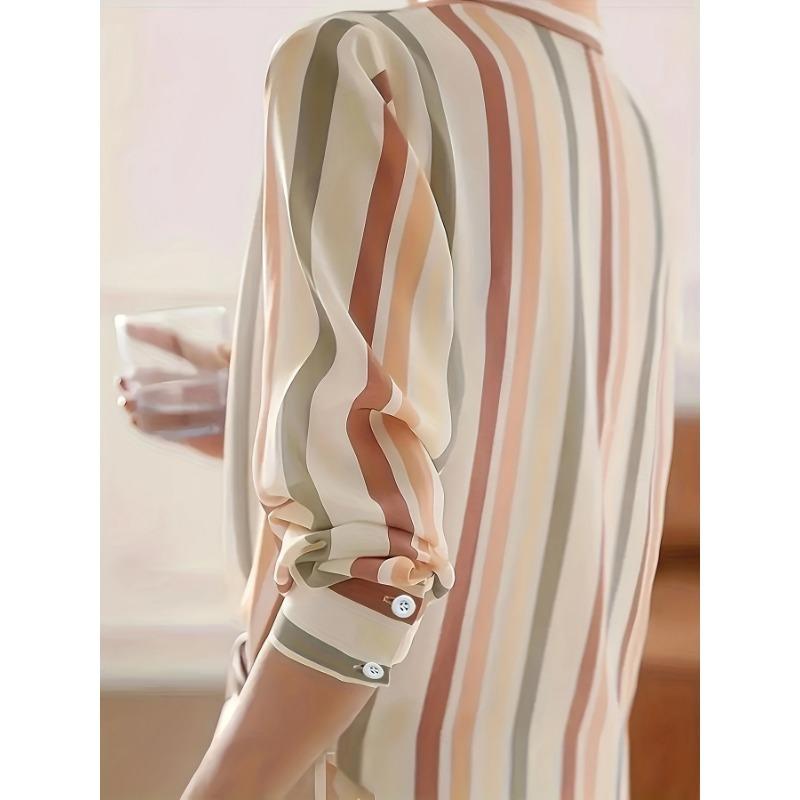 Spring New Women's Niche Retro Lapel Long-sleeved Contrasting Color Temperament Striped Shirt
