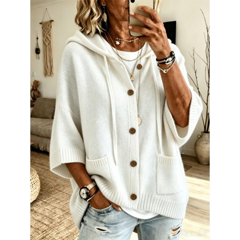 Women S Button Knit Hooded Cardigan Sweater Solid Color Casual