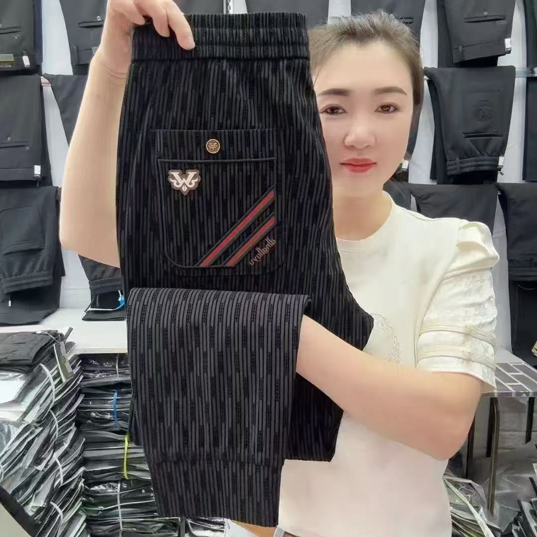 

Полосатые быстросохнущие повседневные брюки из ледяного шелка для мужчин, летние тонкие свободные спортивные брюки-шаровары 4XL