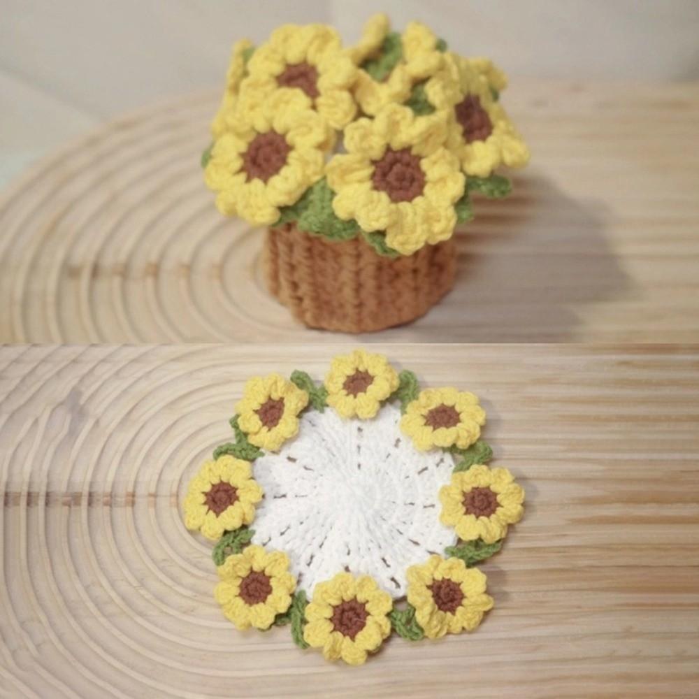 Neues Mini-Gänseblümchen-Strauß-Untersetzer Waschbar Sonnenblumen-Häkel-Untersetzer mit Korb Weich und Niedlich Flora-Tassenunterlagen Feiertagsgeschenke