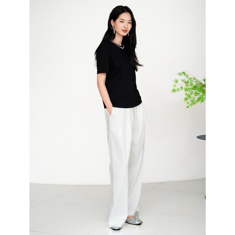 JUZUI Women's Pearl Round Neck Short Sleeve T-shirt