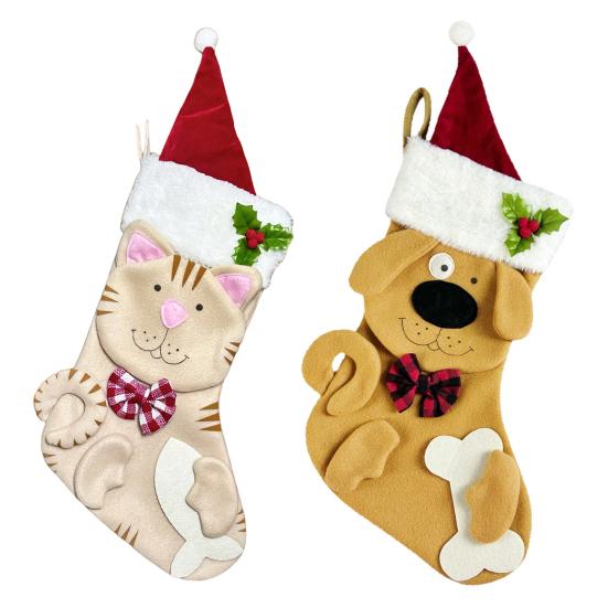 Christmas Stockings Plush Cat Dog Design Santa Claus Xmas Stockings Large Opening Candy Gift Holder Hanging Decor for Tree And Fireplace