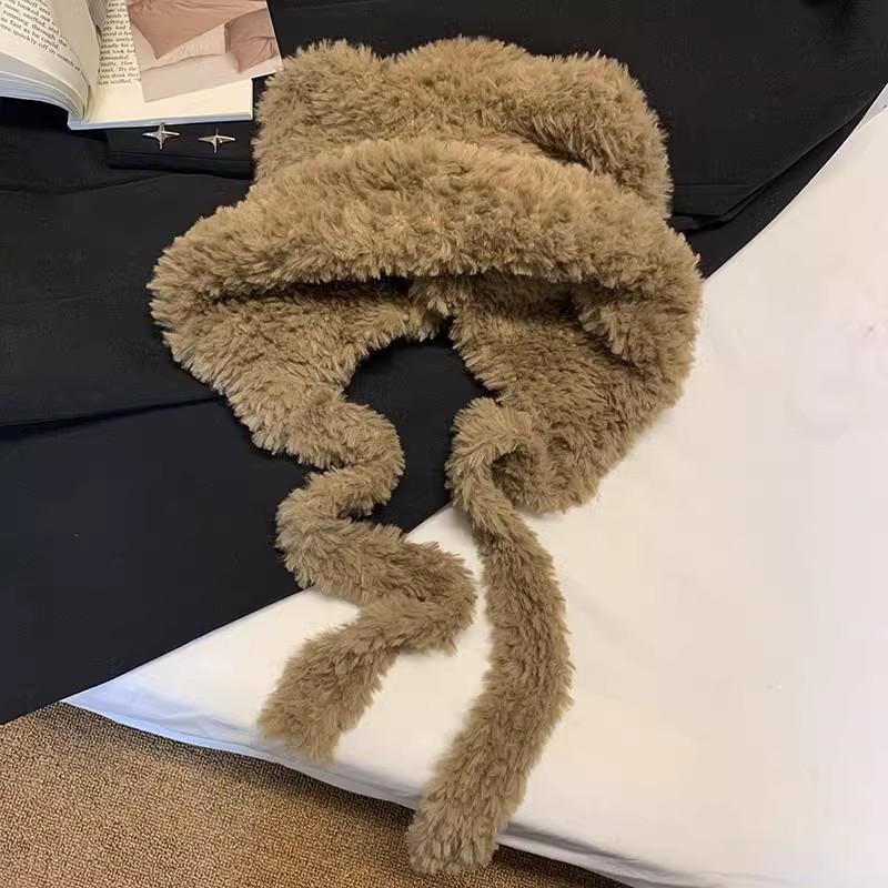 New winter white fluffy hat female bear ears warm ear protection plush hat big head circumference Lei Feng hat