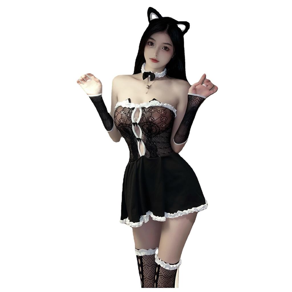 Lace Mesh Strapless Bodysuit Sheer Hollow Out One Piece Dress with Fishnet Gloves and Thigh High Stockings Cat Ear Headband Set