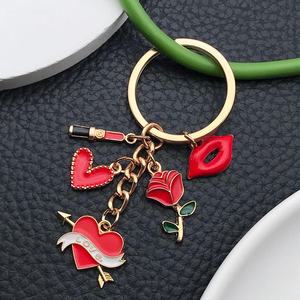 Red Cartoon Lips & Rose Heart Keychain Pendant