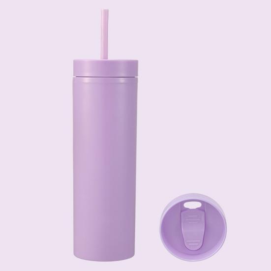 1 Set 450ml Colored Plastic Tumbler Anti-dropping Straw Double Layer Juice Coffee Straw Cup for Home