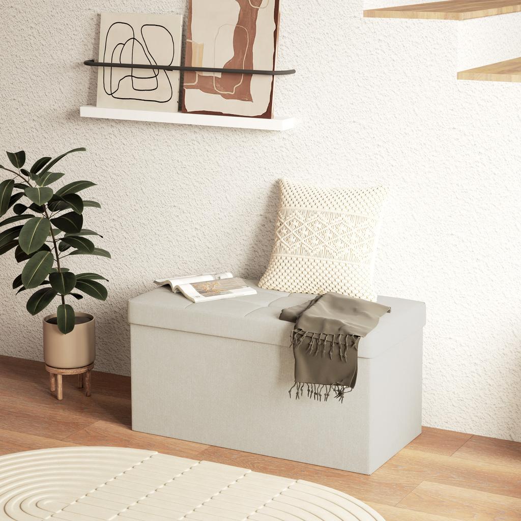 Storage Bench Foldable Storage Ottoman End-of-Bed Footrest with Tufted Lid 76L x 38W x 38H cm Cream