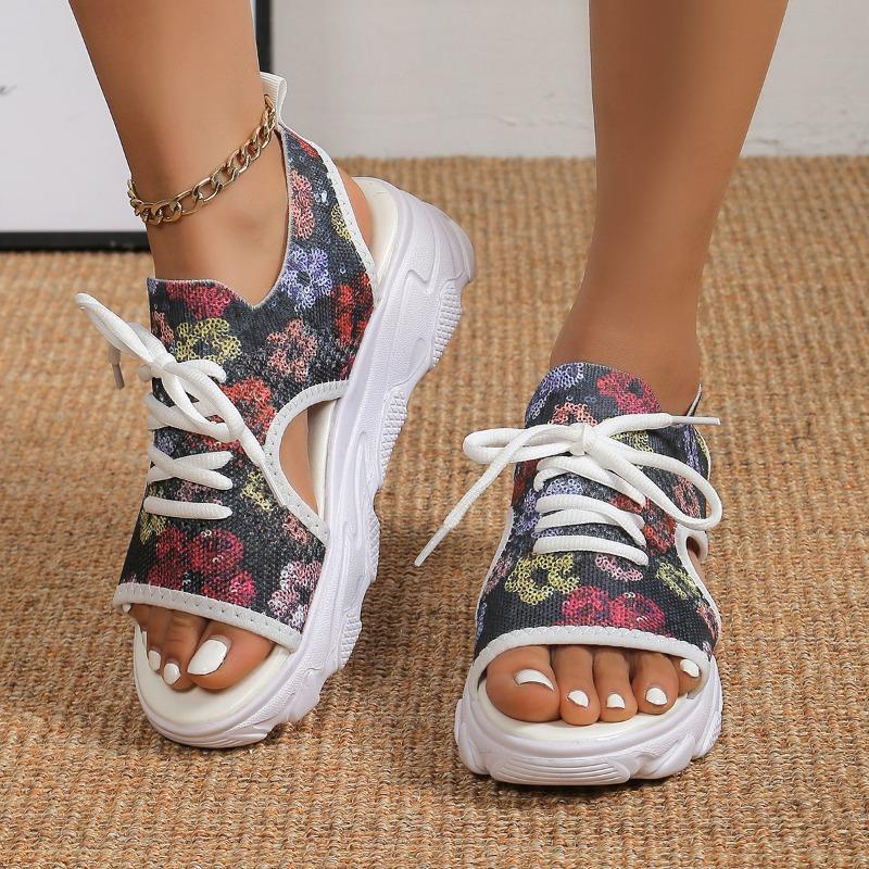 New Mesh Fly-woven Color Front Lace-up Fish Mouth Hollow Platform Sandals Casual Sandals