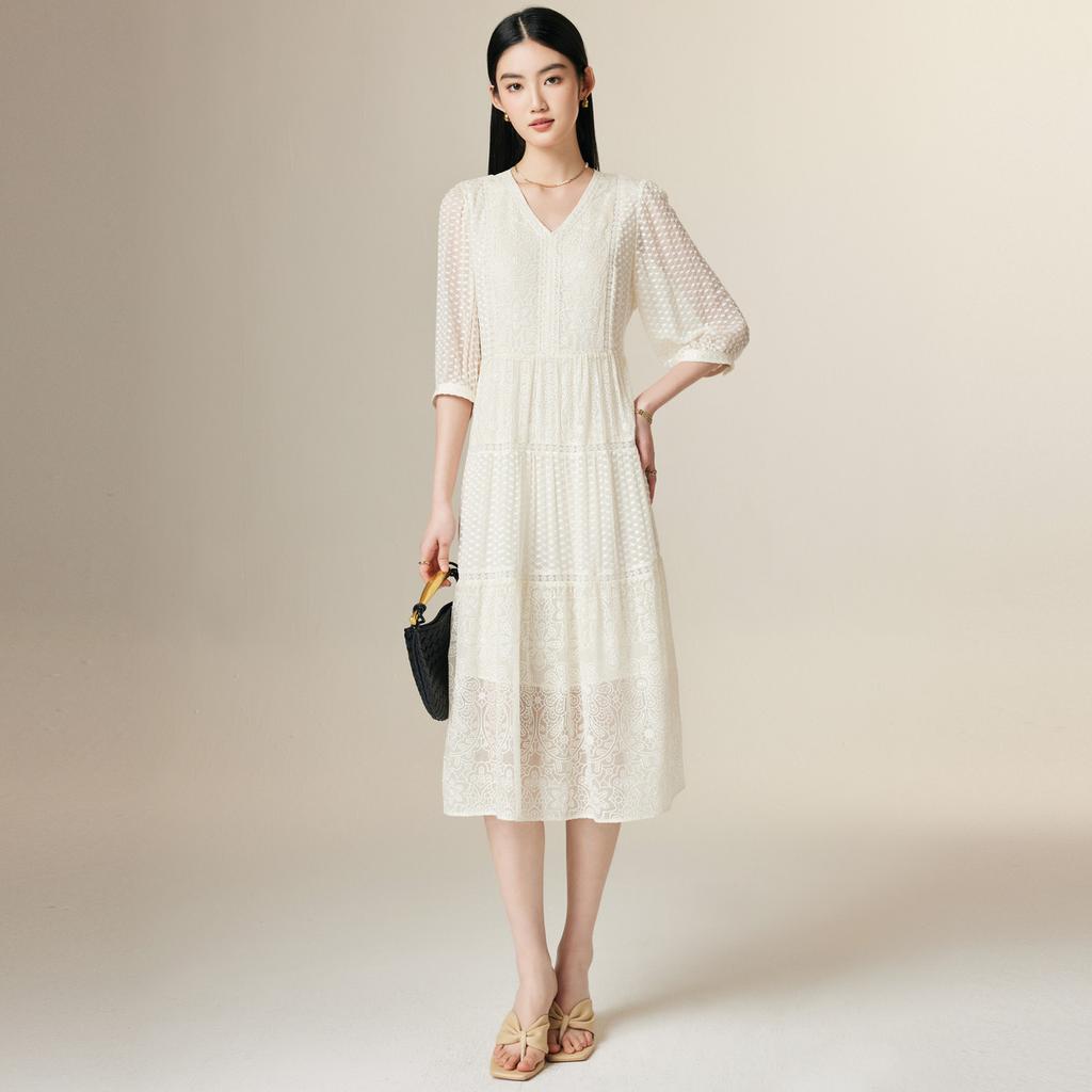 [Hierarchical Embroidery] 100% Mulberry Silk Spring/Summer V-neck Exquisite and Elegant Silk Dress for Women
