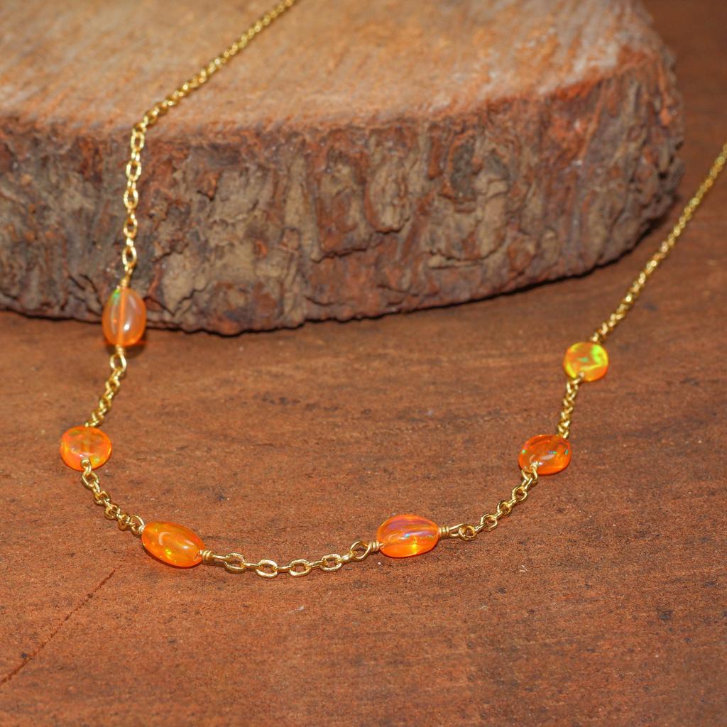 Fire Orange Opal Tumble Beads Chain Necklace, Ethiopian Fire Opal Chain Necklace, Opal Delicate Jewelry for Women, Birthstone Gift for Her