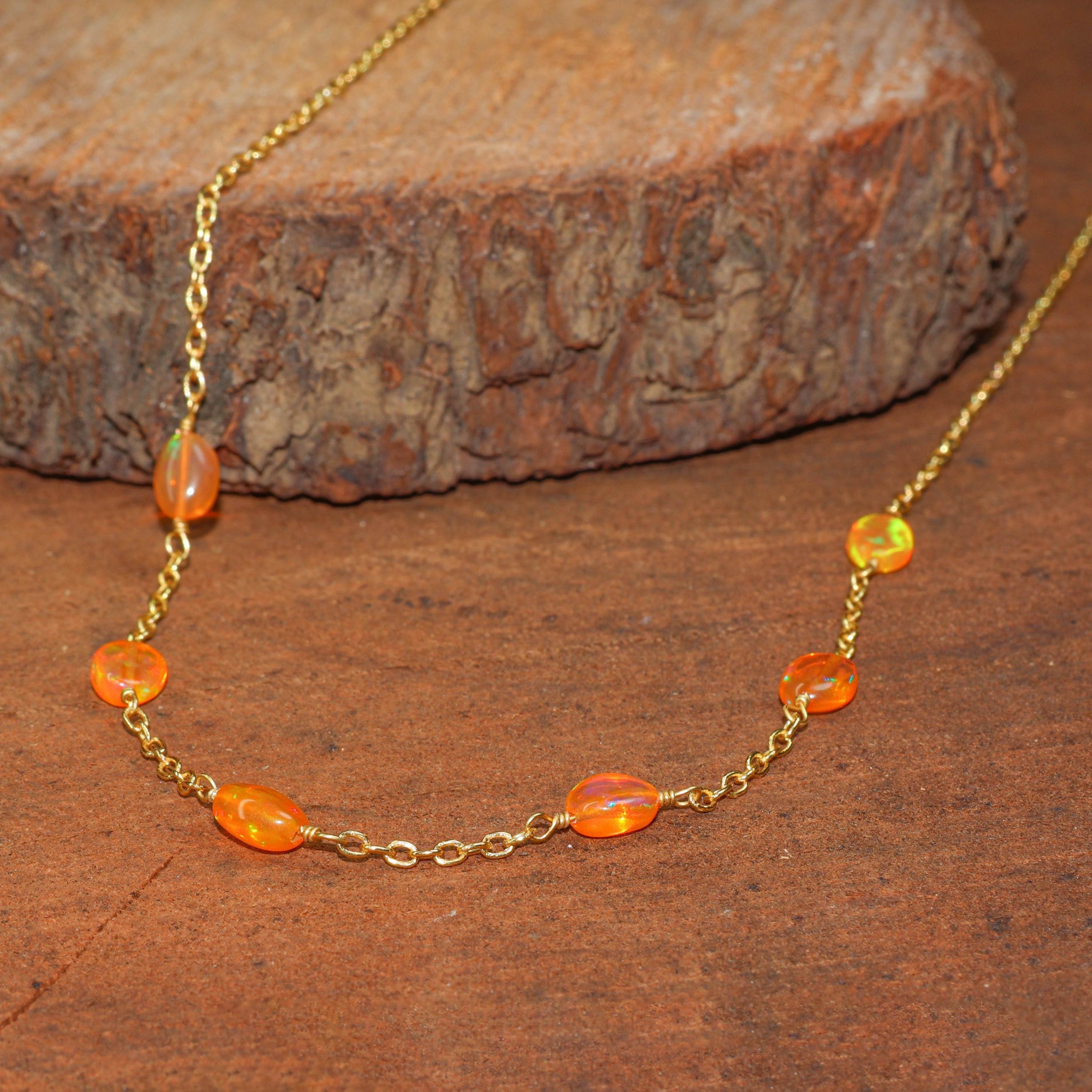 

Fire Orange Opal Tumble Beads Chain Necklace, Ethiopian Fire Opal Chain Necklace, Opal Delicate Jewelry for Women, Birthstone Gift for Her 16 Inch жовтий/золотий
