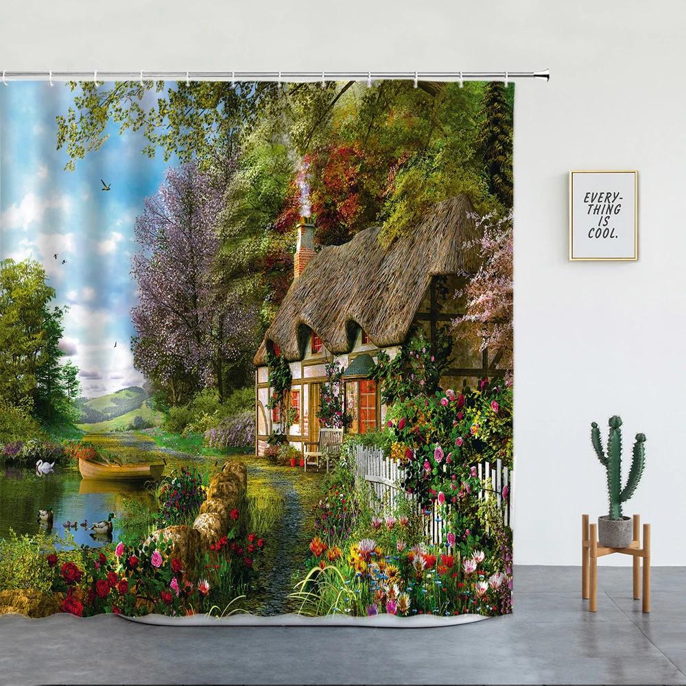 Landschaft Straße Blume Duschvorhang Retro Italienische Altstadt Architektur Floral Wasserdichtes Tuch Badezimmer Vorhänge Dekor Haken