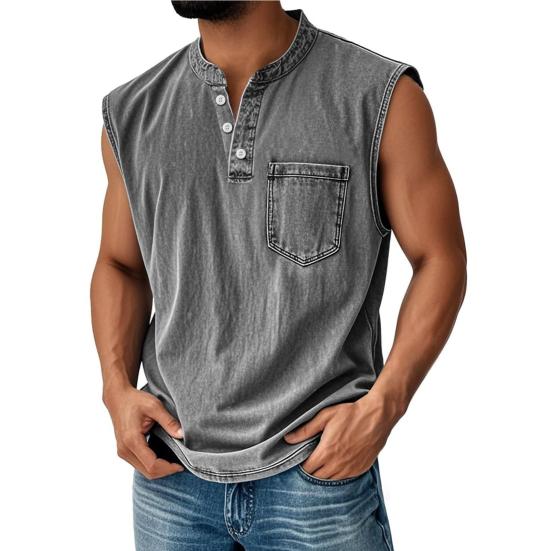 Men's Sleeveless Shirts, V Neck Breathable Shirts, Casual Summer Lightweight Pocket Top, Button Up Solid Color Stretchable Top for Summer
