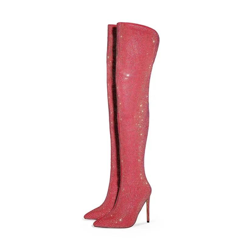 Fashion Silver Black Rhinestone 12cm High Heel Long Boots New Fashion Show Shiny Diamond Pointed Women's Over The Knee Boots Size 34-46