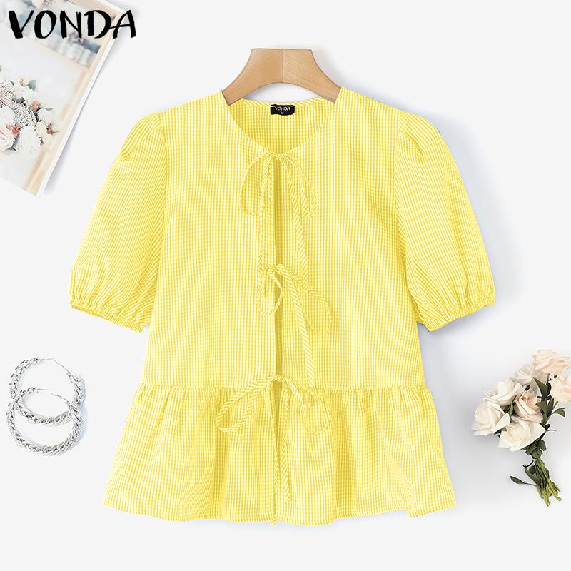 

VONDA Women Summer Puff Sleeve Plaid Print Front Bow Knot Ruffled T-shirts Tops 4XL