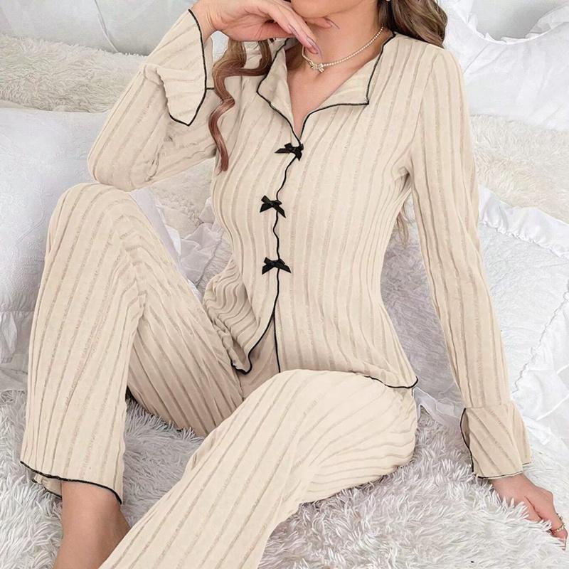 Damen Revers Schleife Langarm Oberteil und Hose Pyjama Anzüge Loungewear Sets