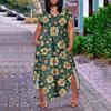 Dame Blomstret Maxi Kjole Sommer Casual Kort Ermet Kjole Solkjole V-Hals Lange Kjoler Med Lommer Strandferie