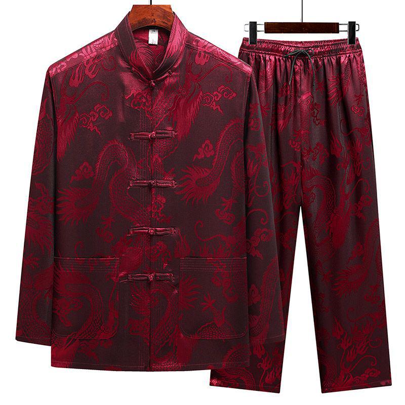 Men's Ice Silk Long-Sleeve Tang Suit: Chinese-Style Spring Hanfu for Older Adults, Loose Fit