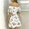 Women Plus Size Off Shoulder Short Sleeve Tie Cuff Floral Printed A Line Dress
