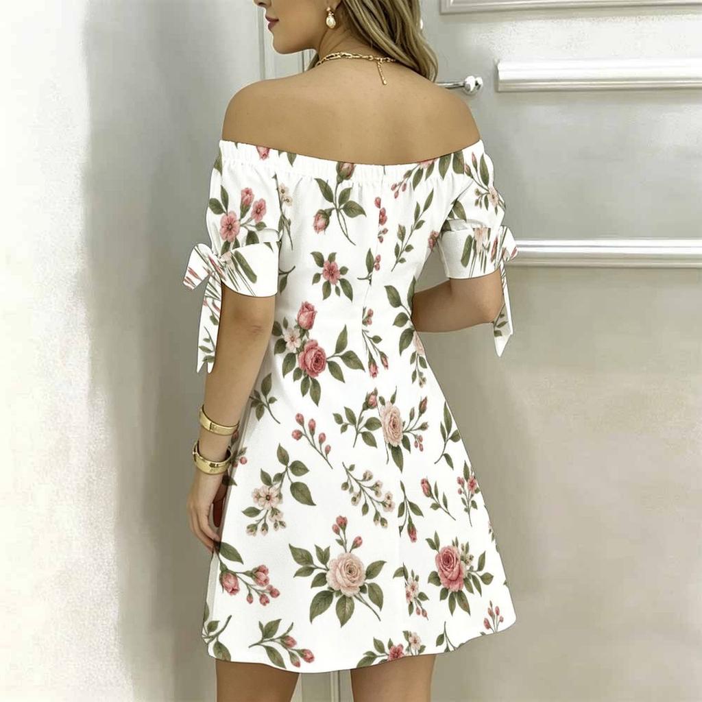 Women Plus Size Off Shoulder Short Sleeve Tie Cuff Floral Printed A Line Dress