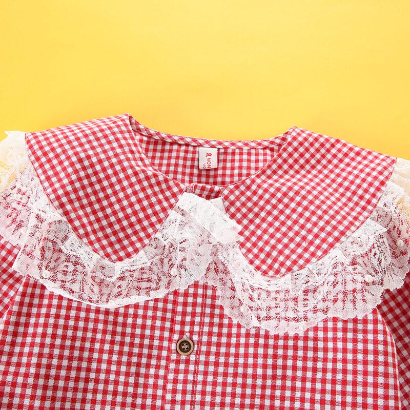 Girls' Lace Ruffled Plaid Long Sleeve Blouse