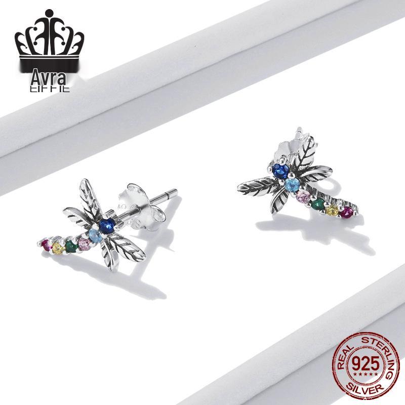 Colorful Dragonfly Sterling Silver Stud Earrings with Zircon Inlay