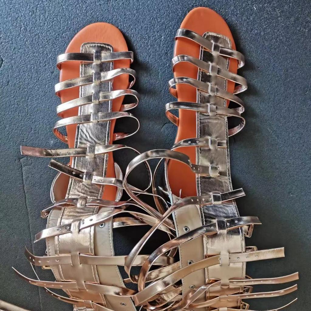 Gladiator Sandal Summer New Roman Bandage Sandals Open Toe High Tube Hollow Flat Bottom Belt Buckle Roman Sandals