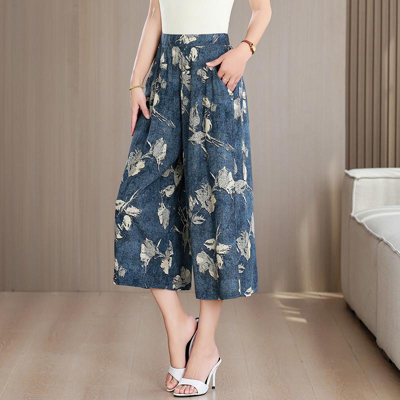 Plus Size Summer Women's Wide Leg Pants High Waist Loose Vintage Clothes Elastic Waist Casual Pants