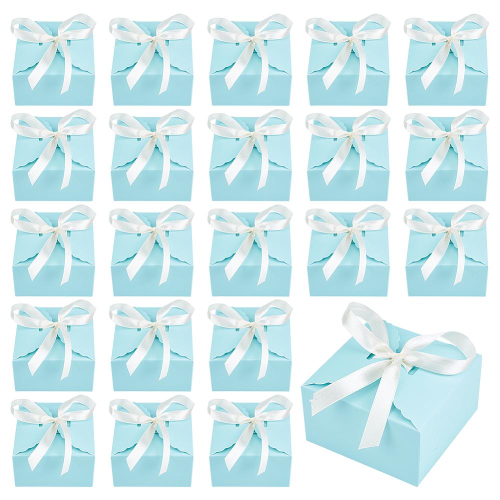 30sets Square Folding Paper Gift Boxes for Presents Candies Cookies Wrapping with Polyester Ribbon Sky Blue 9x9x5cm