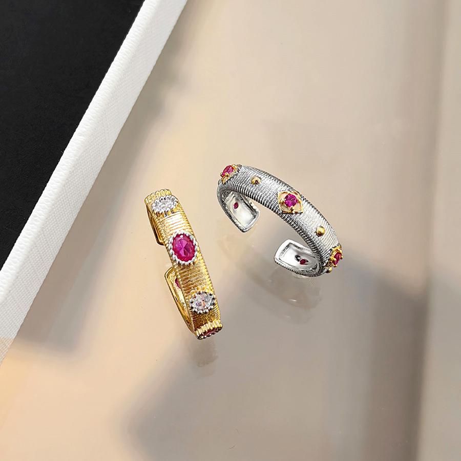 Italian Buccella Silk Craft Woven Gold Engraved Red Corundum Bracelet With Diamonds Two-Color Gold Ring Narrow Version Bracelet Women