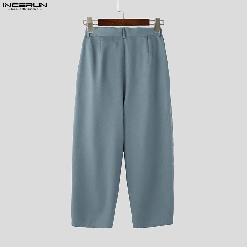 INCERUN Men Casual High Waist Zip-up Casual Baggy Long Pants Trousers