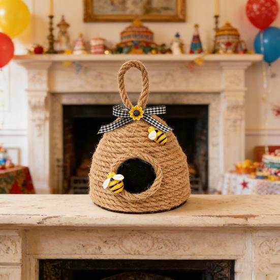 Woven Rope Bee Hive Hanging Ornament Handmade Rustic Pendant with Sunflower And Bowknot for Bedroom Living Room Farmhouse Spring Party Decor