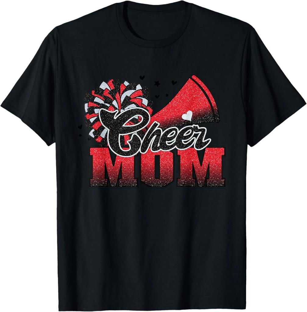 Football Cheer Mom Red Black Pom Leopard T- Shirt