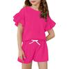 Girls' Summer Outfit Ruffle Sleeve Top And Shorts Clothing Set Lightweight Casual Two Piece