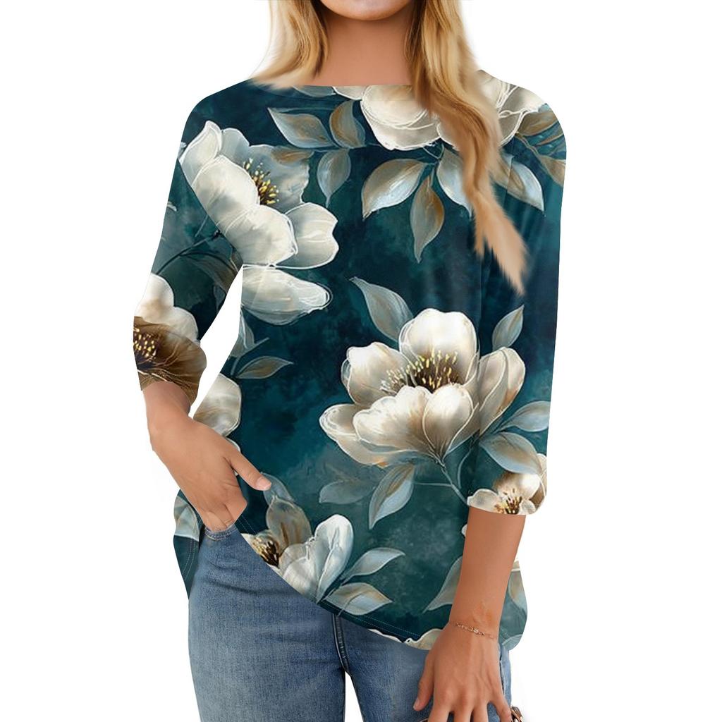 Women's Fashion Casual Round Neck Three Quarter Sleeve Printed T-Shirt Top