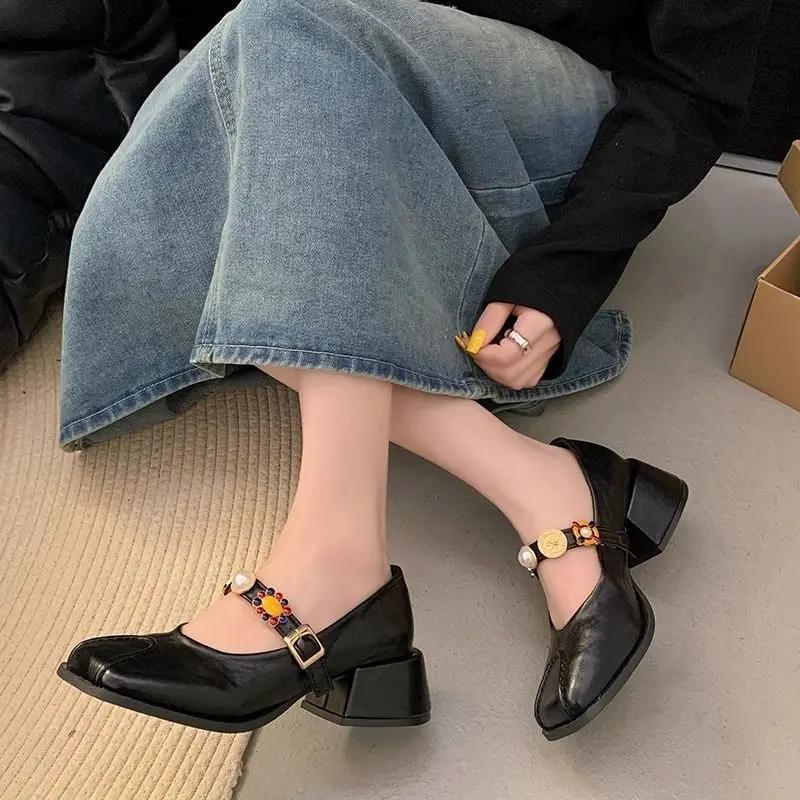 Fashion Mary Jane Ladies Pumps Loafers Japanese Style Lolita Chunky Heels Square Toe Gothic Moccasins Women's Shoes Block Heel Shoe Y2k