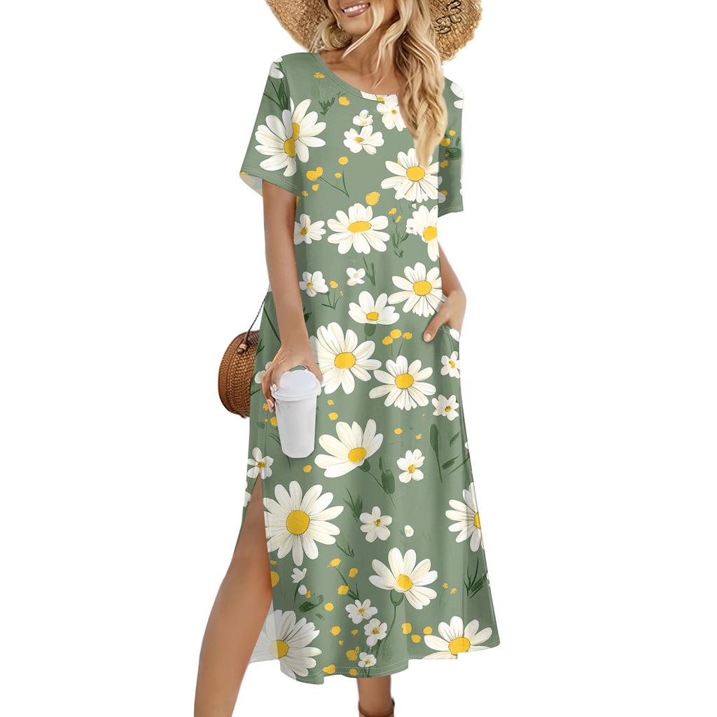 Ladies' Fashionable Summer Retro Floral Print Dress, Casual Beach Dress, Slender Vacation Dress