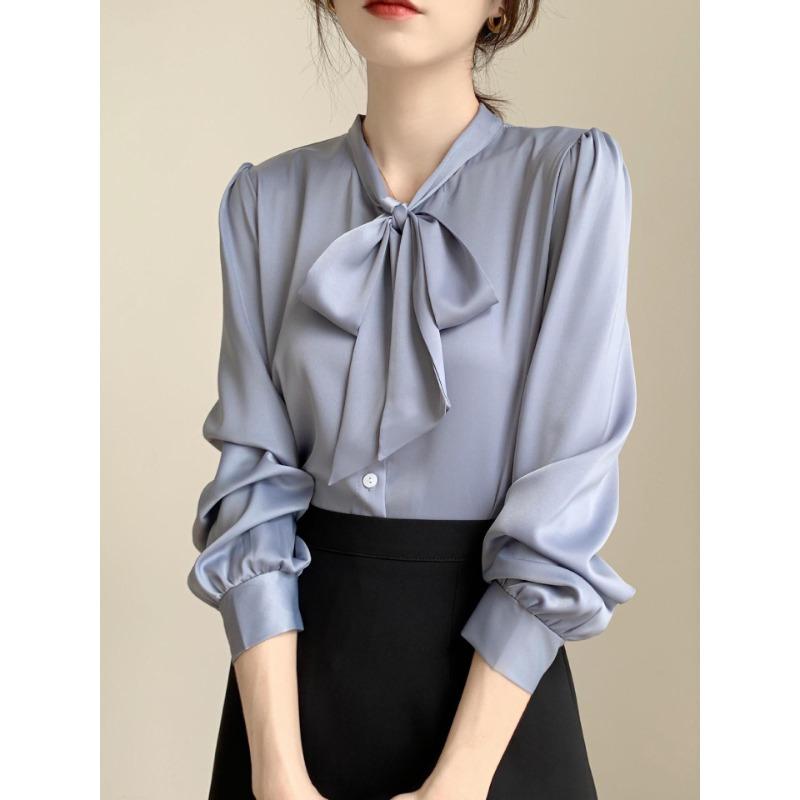 

Синяя рубашка с бантом, женская дизайнерская рубашка Sense Niche Professional Temperament, шифоновый топ, кружево, весна и осень, длинные рукава для женщин 2XL