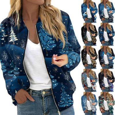 Women's Long Sleeved Lightweight Zipper Short Printed Jacket Casual Quilted Jacket With Pockets Christmas