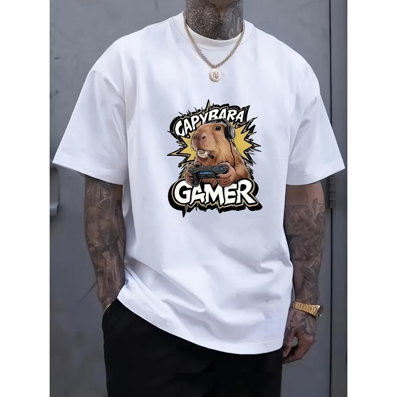 European Size Men s Capybara Gamer Graphic T-Shirt - Cartoon Capybara with Headphones & Controllers Print, Breathable Round Neck Casual Tee S белый