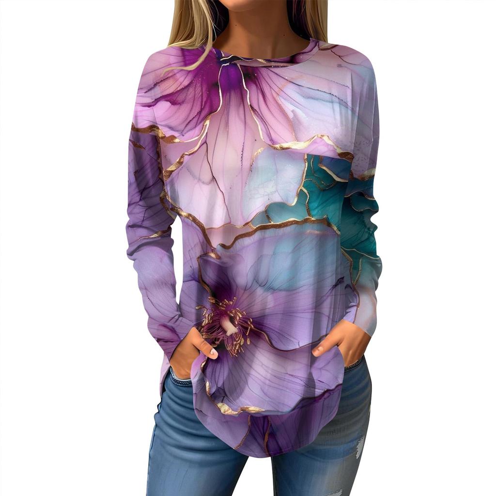 Women's Loose Casual Printed Round Neck Long Sleeved T Shirt Top Pullover Long Sleeved Sweatshirt