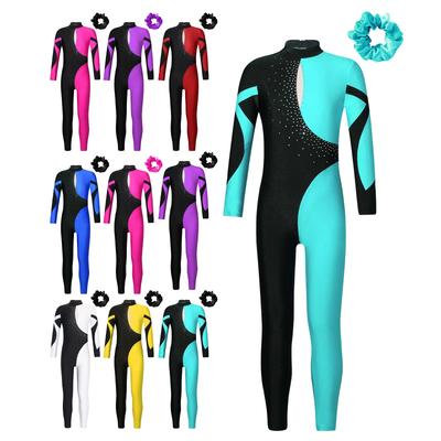 Justaucorps de Gymnastique Filles Manches Longues Col Montant Strass Brillants Couleur Contrastée Dos Creux Tenue de Performance