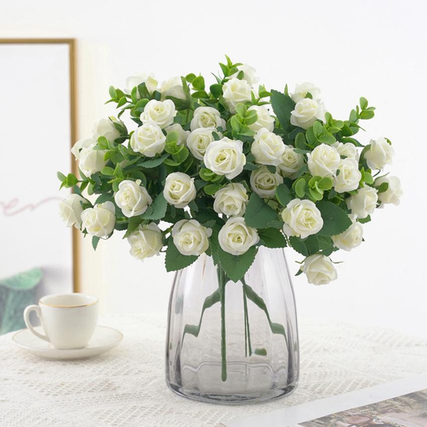5 Forks 11 Heads Artificial Flowers Silk Roses Bouquet for Home Decor Outdoor Garden Eucalyptus Leaves Fake Plants Wedding Party