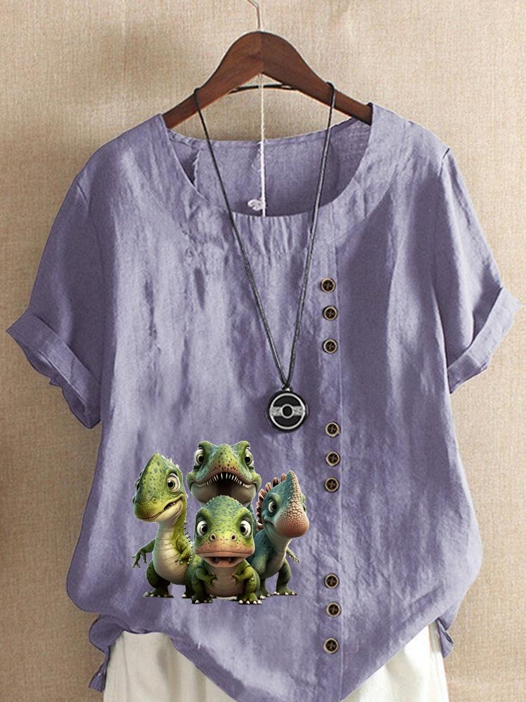 Women's Fashion Dinosaur Print Round Neck Short Sleeve T-shirt Casual Cotton Linen Graphic Shirt Leisure Loose Summer Blouse Tops