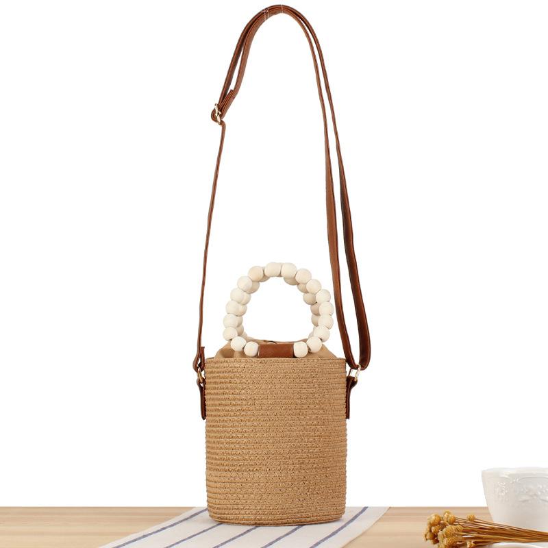 2025 Women Fashion Leisure Handmade Woven Handbags Wooden Beads Handle Bucket Bag Lady Trendy Shoulder Beach Bags