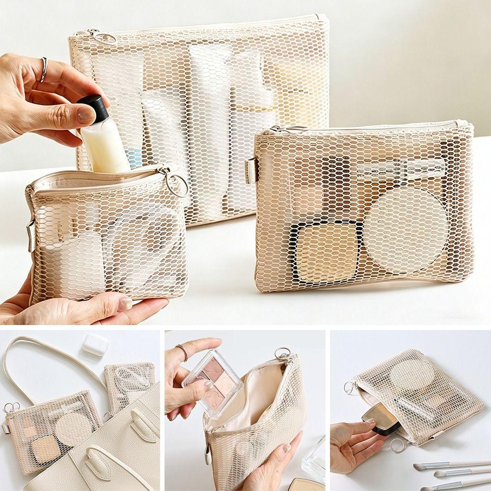 Multi-purpose Storage Bag Beige Zipper Closure Mesh Storage Pouch Lightweight Design Mesh Material Mesh Cosmetic Bag
