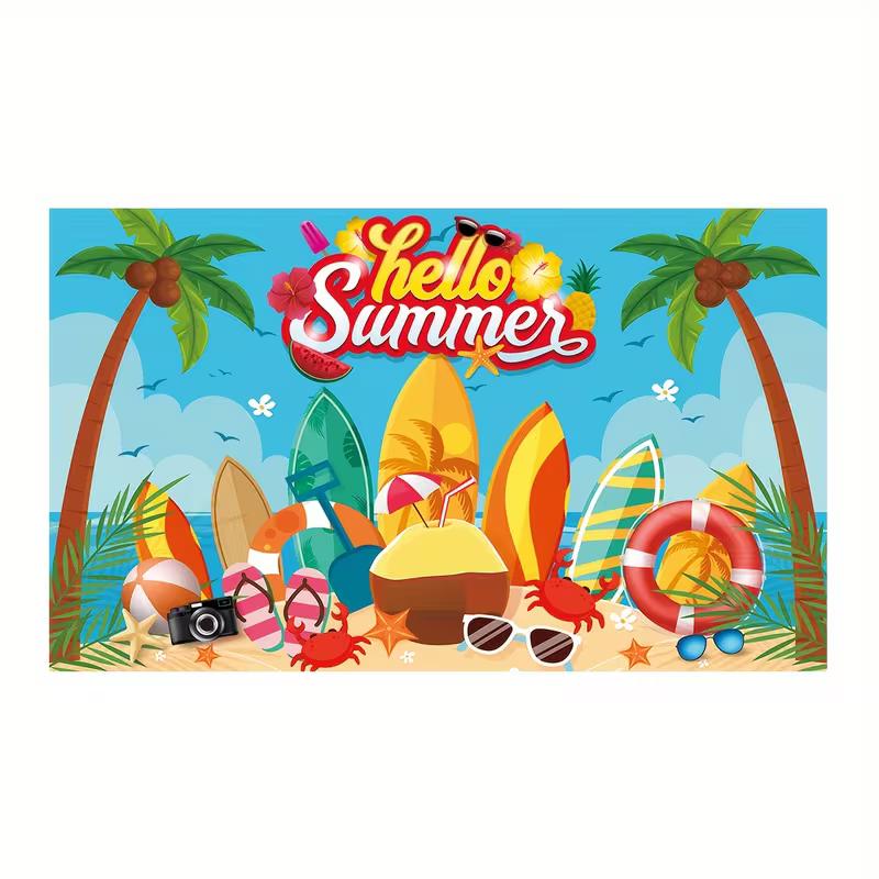 2D Summer Beach Backdrop, Hello Summer Surfboard Palm Tree Photo Booth Banner