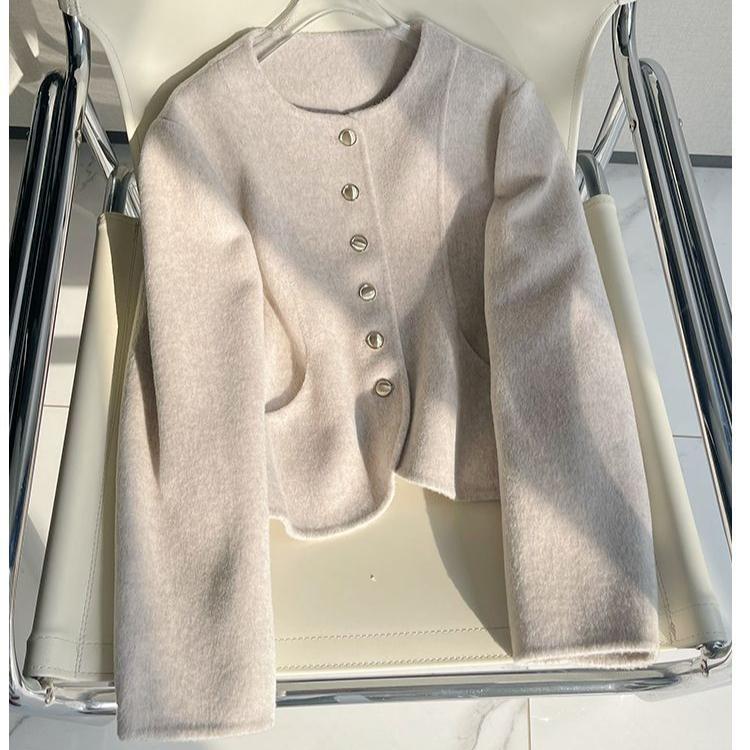 Women Wool Coat Single Breasted Round Neck Design Fashion Winter Trench Jacket